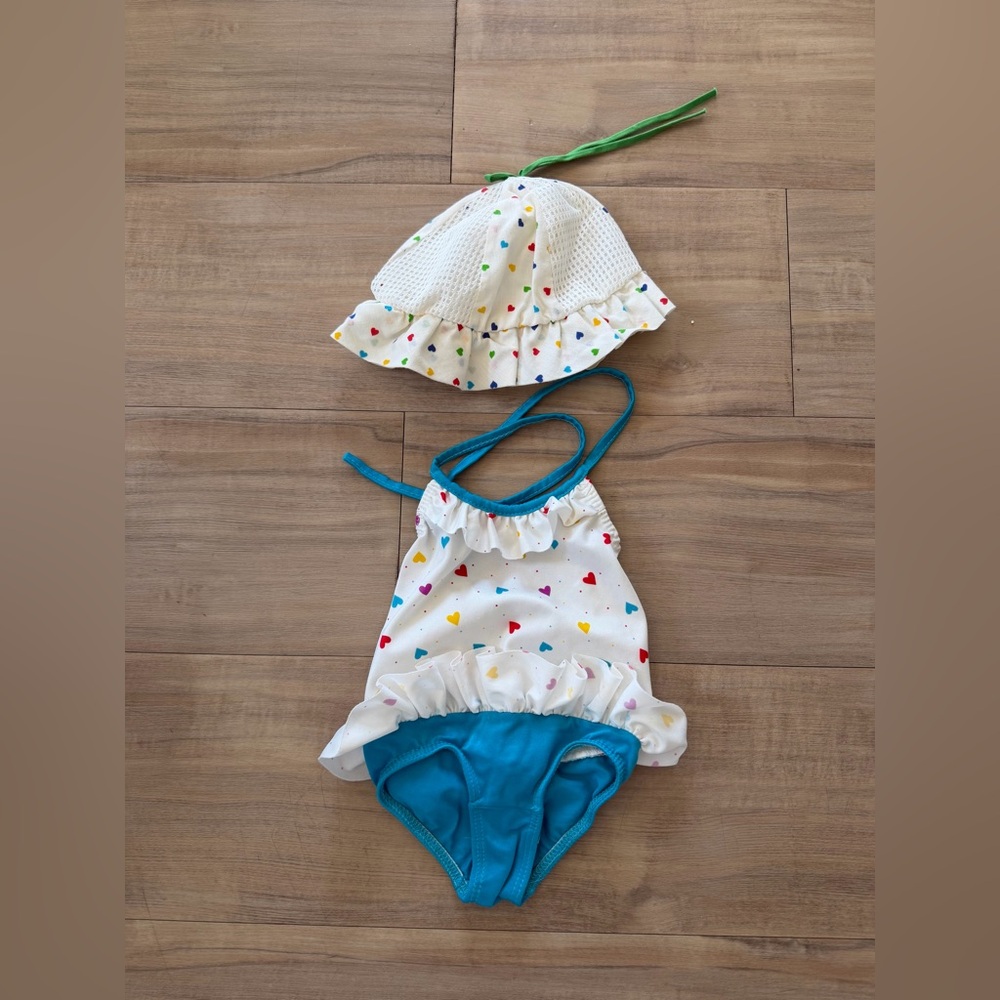 Sears Kids One Piece Swimsuit with Colorful Hearts and Hat